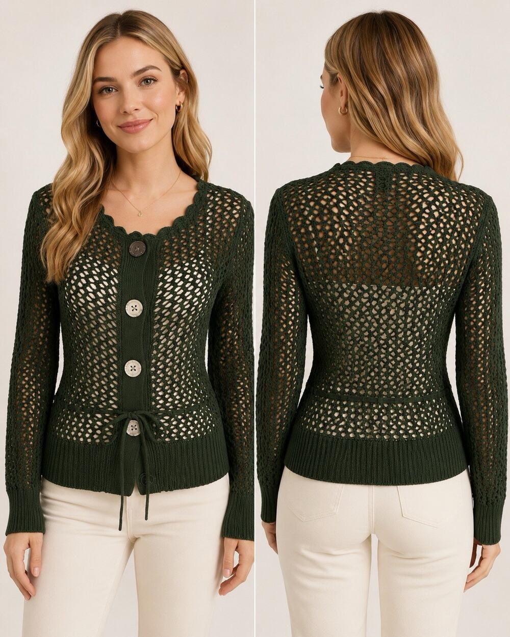 Vintage Banana Republic XS Forest Green Crochet Cardigan Cotton Tie Waist Y2K